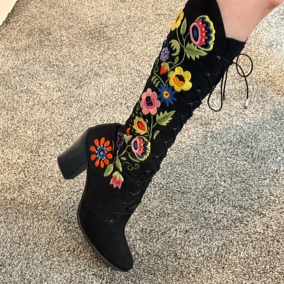 💫STUNNING RARE 60s 70s Enosis Greece Jerry Edouard Embroidered Black Gogo Boots - Picture 2 of 15